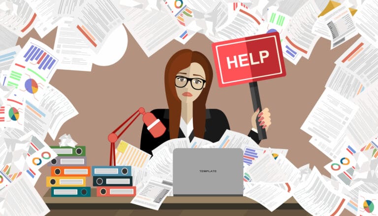 Woman surrounded by paperwork asking for help